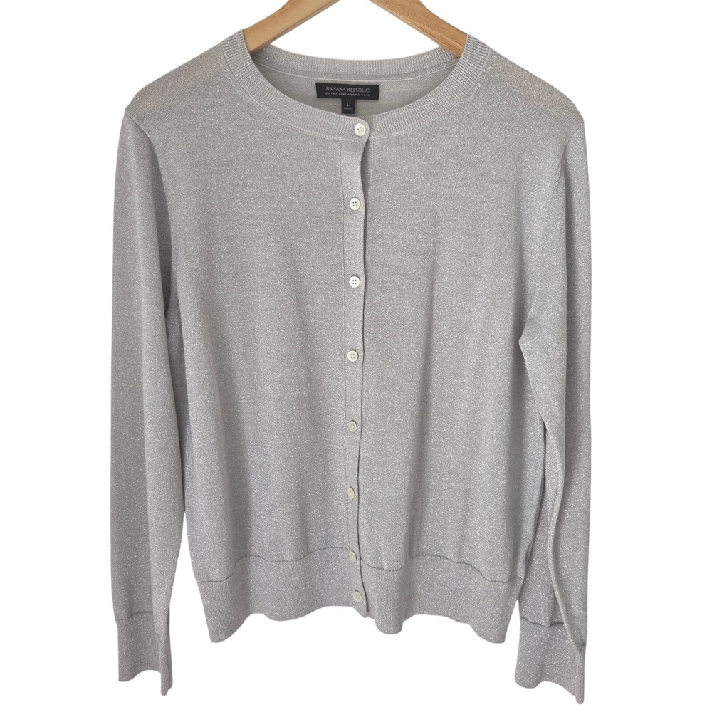 Banana Republic Silver Metallic Extra Fine Merino Wool Cardigan Sweater Large